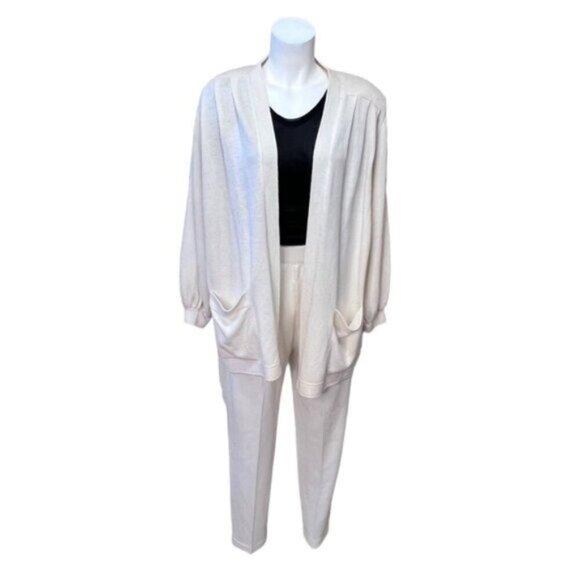 VINTAGE St John Collection Marie Gray Santana Knit Ivory Knit Pant Sweater Set - Picture 1 of 16